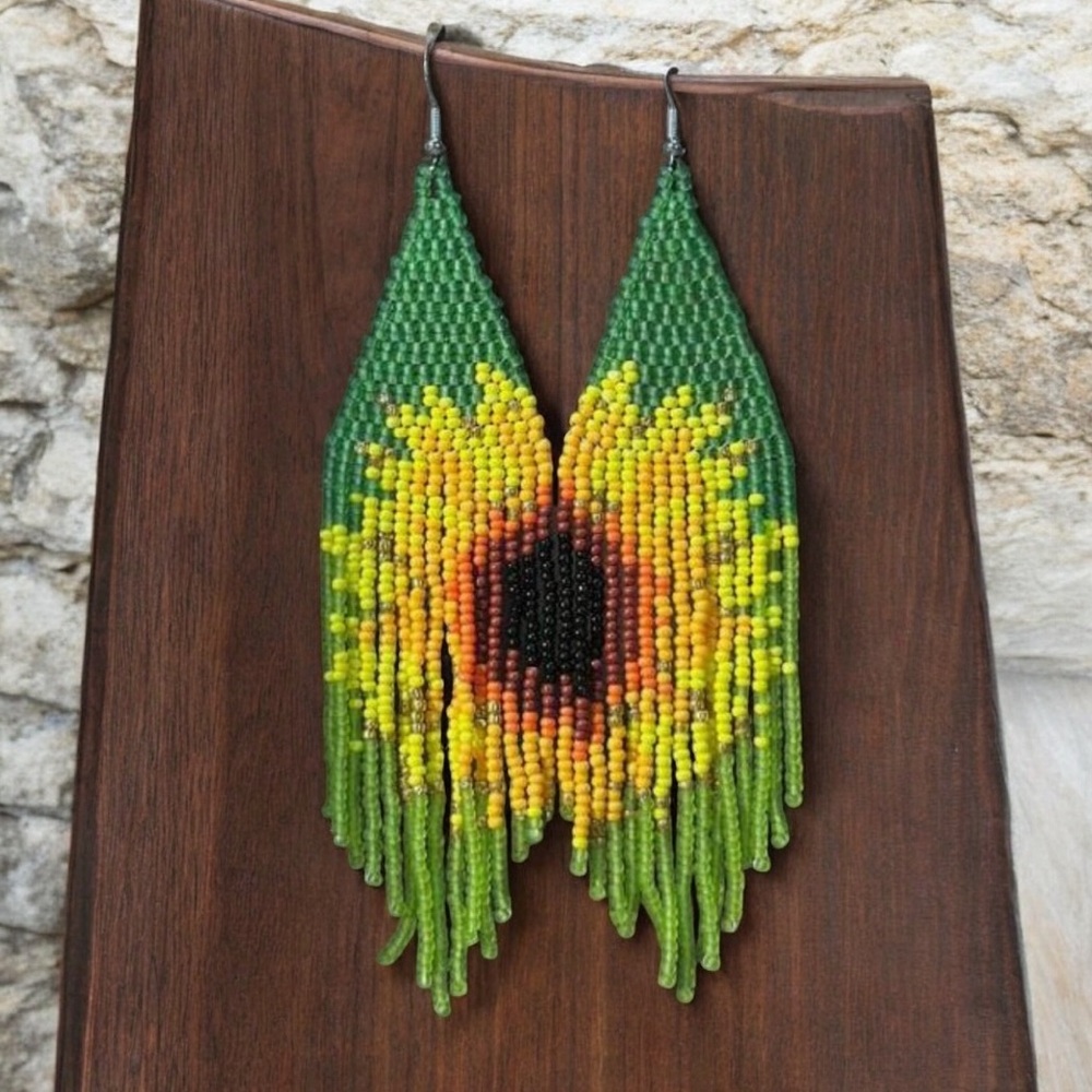Vibrant Summer Sunflower pattern beaded tassel earrings. New. - Picture 5 of 7